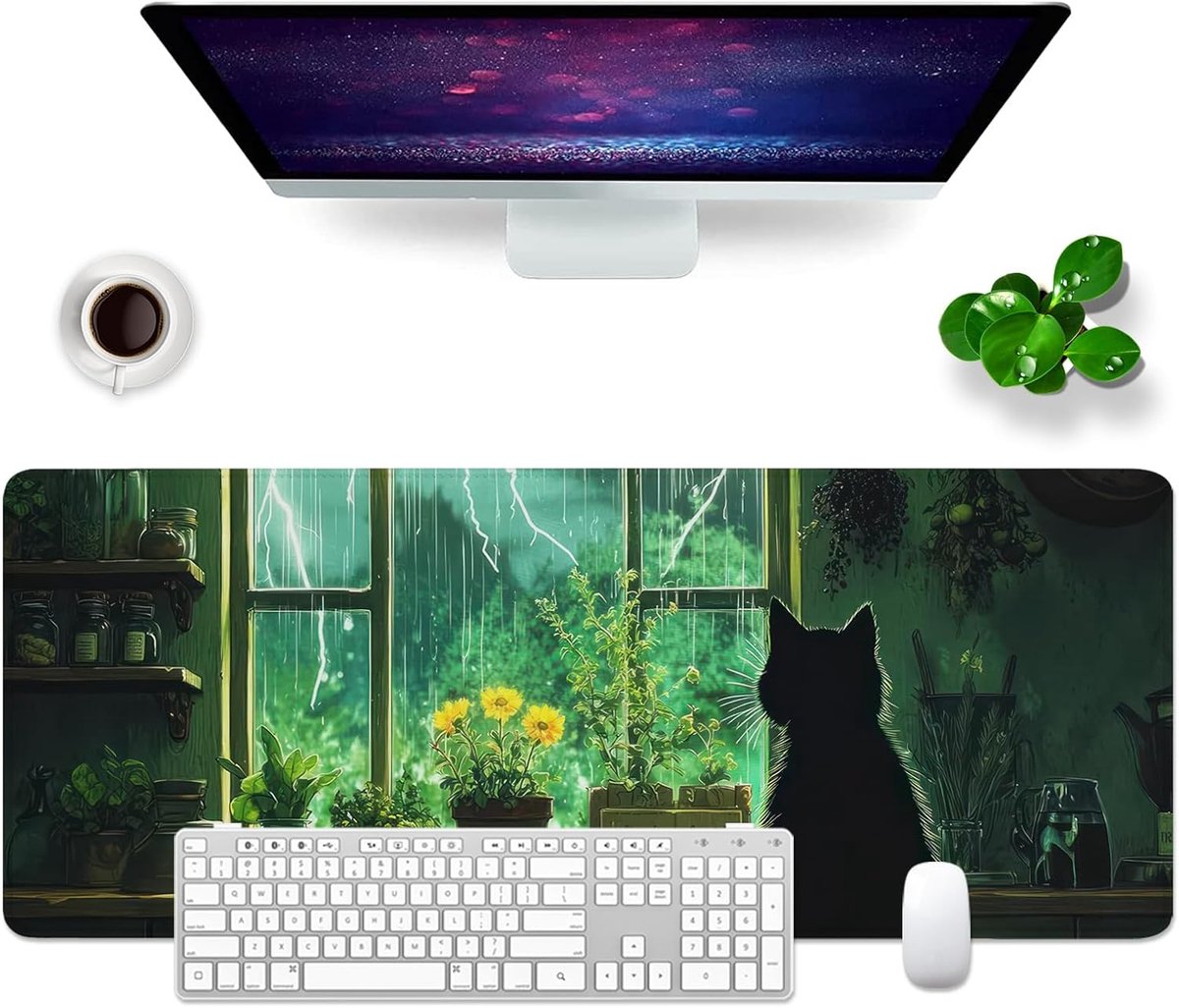 SnelShoppen - XL Mouse Pad Cats Desk Pad Groen 80 x 30 cm - Grote Muismat voor Computer, Laptop en Toetsenbord - Desk Mat met Kat en Raam Design - Ide