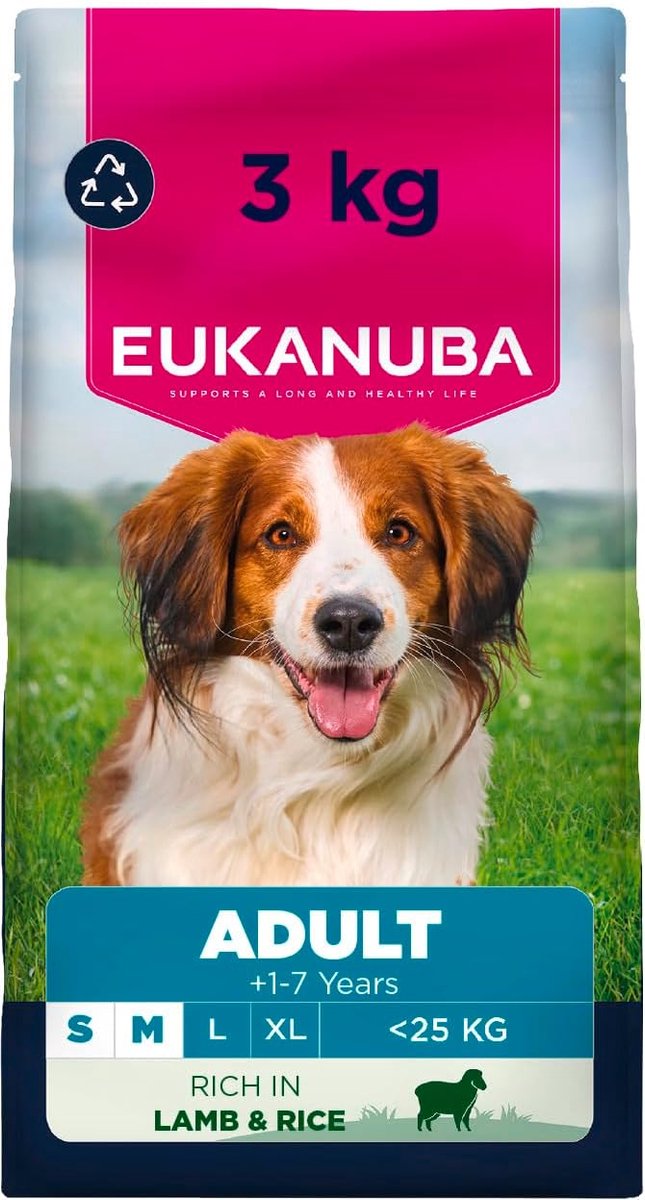 SnelShoppen - Eukanuba Hondenvoer Droog met Lam & Rijst voor Kleine en Middelgrote Honden – Premium Droogvoer voor Volwassen Honden, 3 kg, Gemakkelijk