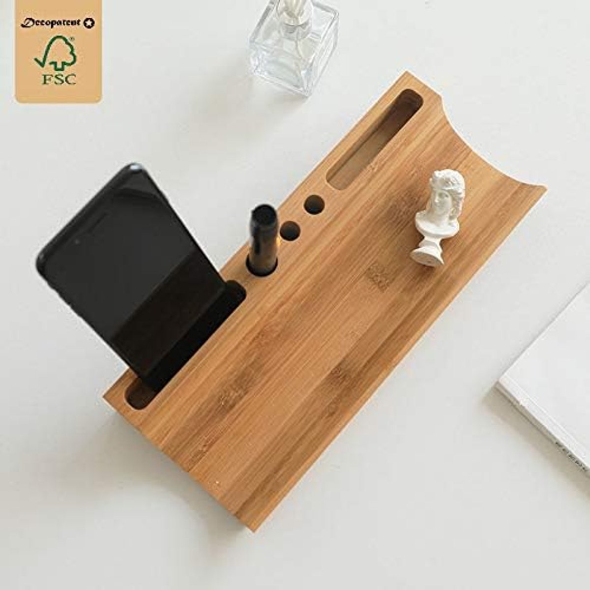 SnelShoppen - Bamboo Houten Pen Tray Desk Organizer - Compact Bureau Organizer voor Pennen en Telefoon - Multifunctionele Bureau Accessoire - Natuurli