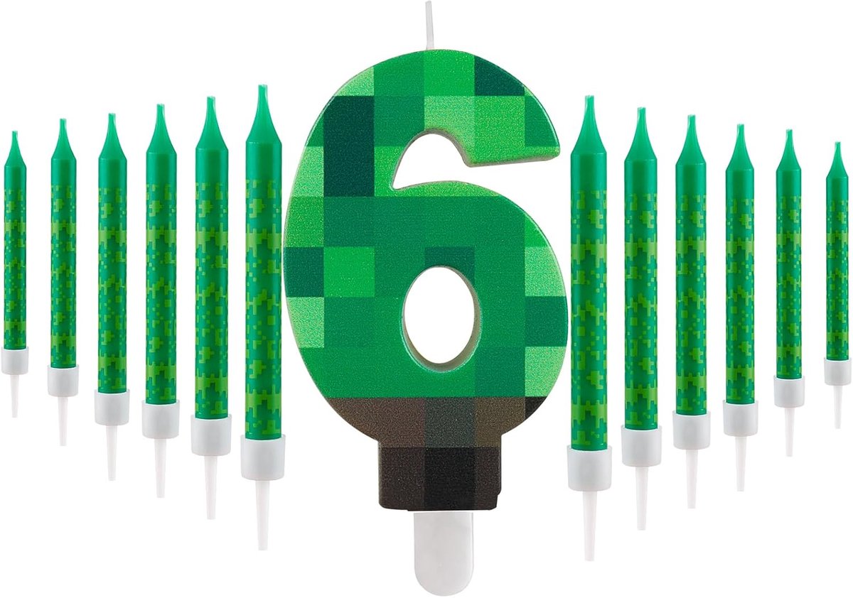 SnelShoppen - Pixel Game Verjaardagskaars Set - Nummer 6 + 12 Stuks Lange Dunne Groene Kaarsen - Pixel Cartoon Gaming Thema Verjaardagscadeau voor Jon