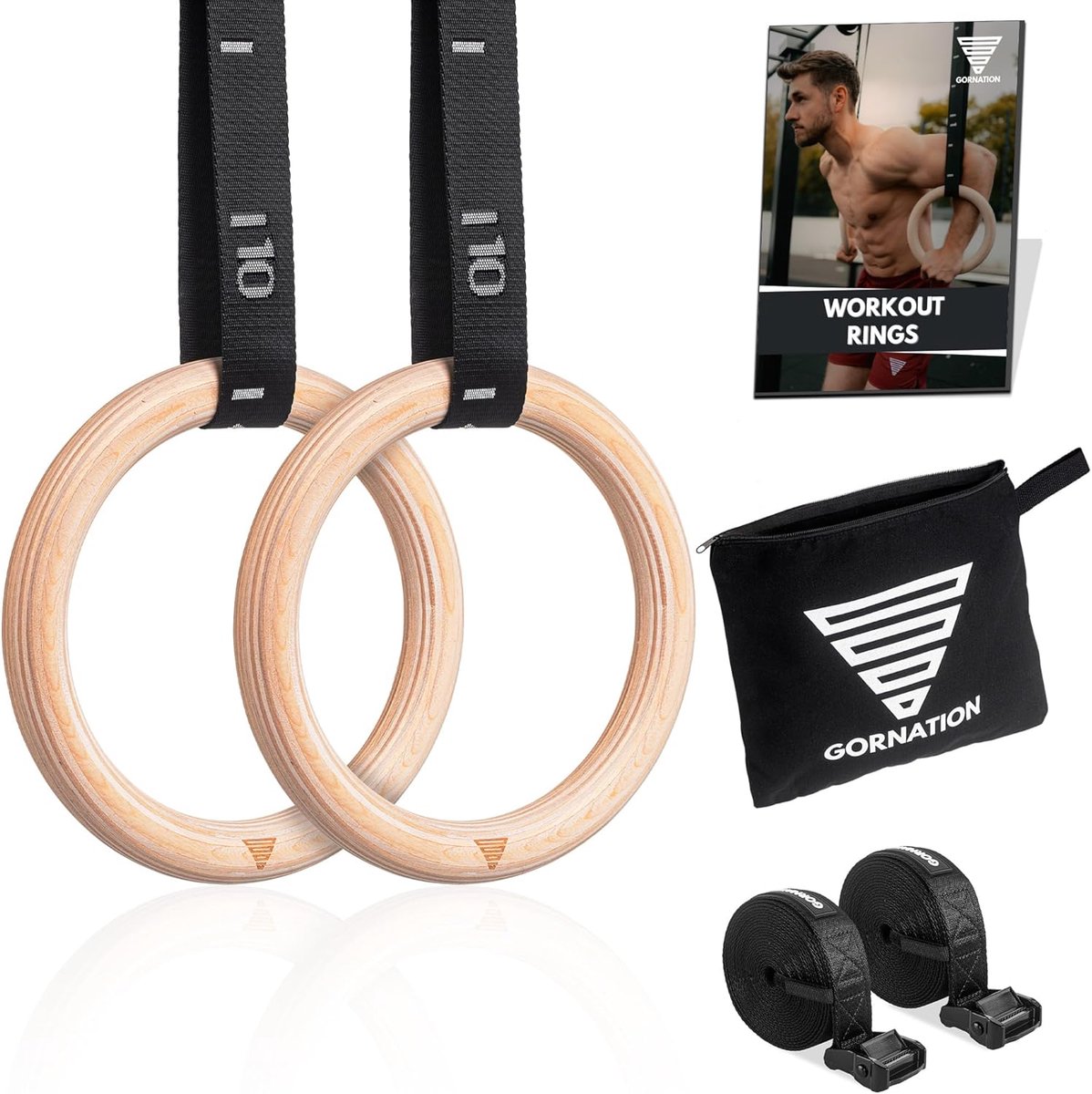 SnelShoppen - Houten Gymnastiek Ringen voor Calisthenics en Fitness, Premium Kwaliteit met Verstelbare Harnas, Trainingsvideo's en Opbergtas, Ideaal v