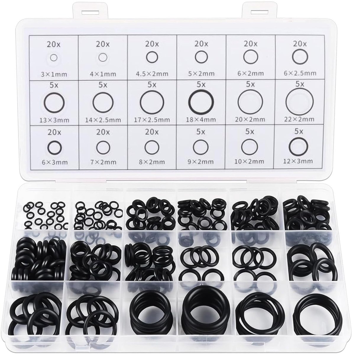 SnelShoppen - Assortiment van 225 O-ringen, Ø 3-22 mm - Rubber NBR Sealing Ringen, Torische Ringen, Wasringen voor Sanitair, Hydraulisch, Pneumatisch,