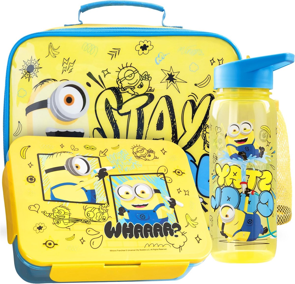 SnelShoppen - Minion Koeltas voor Kinderen, 3-delige Lunchbox Set, 5L Koeltas, Bento Lunchbox 2L, BPA-vrije Drinkfles 640ml met Rietje in Blauw/Geel,