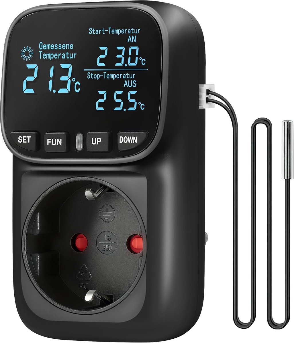 SnelShoppen - Socket met Temperatuurregelaar 230V, Digitale Thermostaat met VA-LCD Display, Temperatuur Switch voor Kassen, Koelkasten, Aquaria, Incub