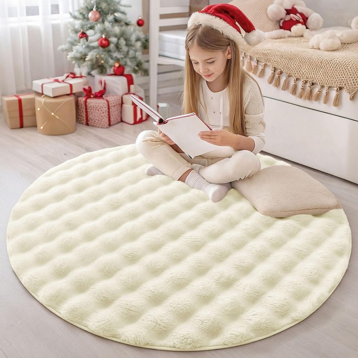 SnelShoppen - Hoogpolig Tapijt met 3D Bubbels, Zacht Fluffy Wasbaar Vloerkleed, Antislip Rond 120 cm voor Woonkamer, Kinderkamer, Slaapkamer, Crème