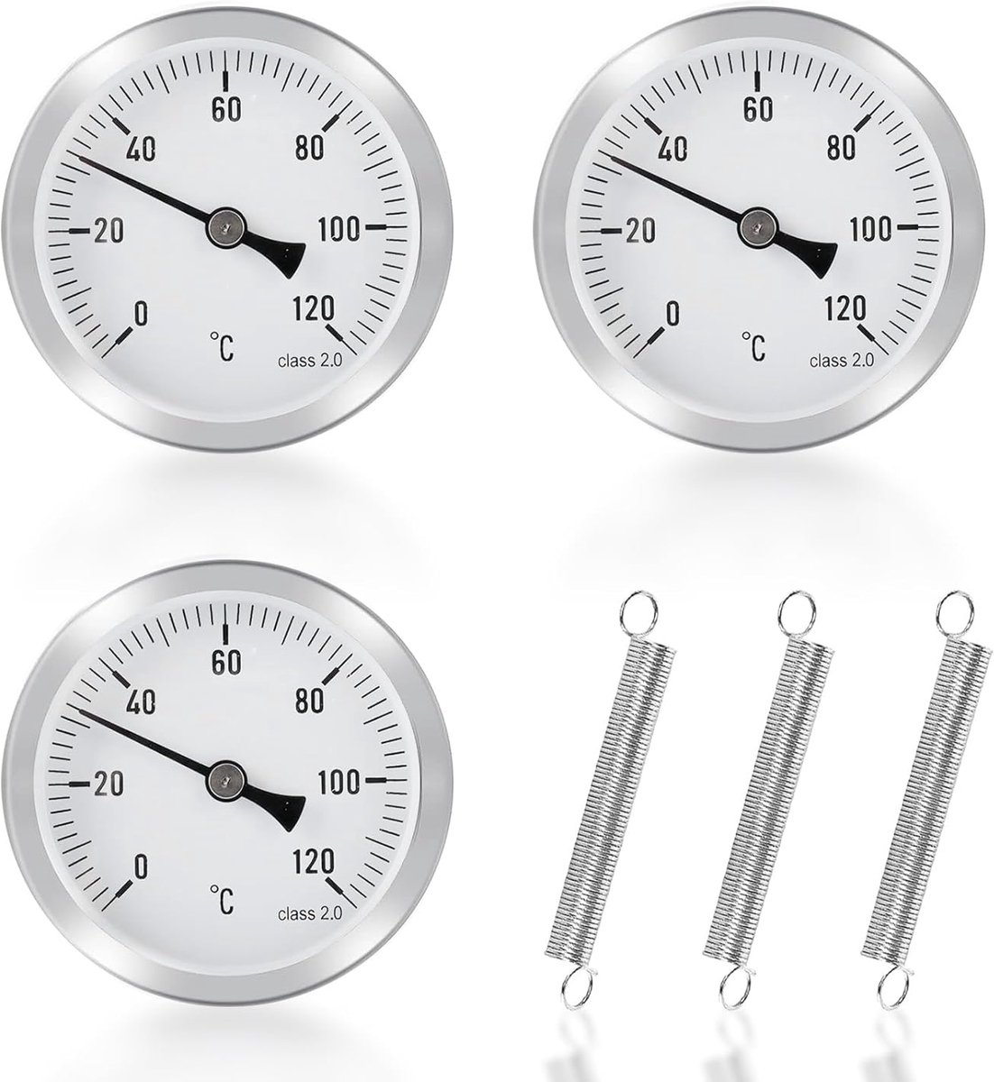 SnelShoppen - Installation Thermometer voor Verwarmingsbuis - 3 Stuks - Temperatuurweergave met Clip-on Veer - Dial Thermometer 0-120°C - 63mm RVS en