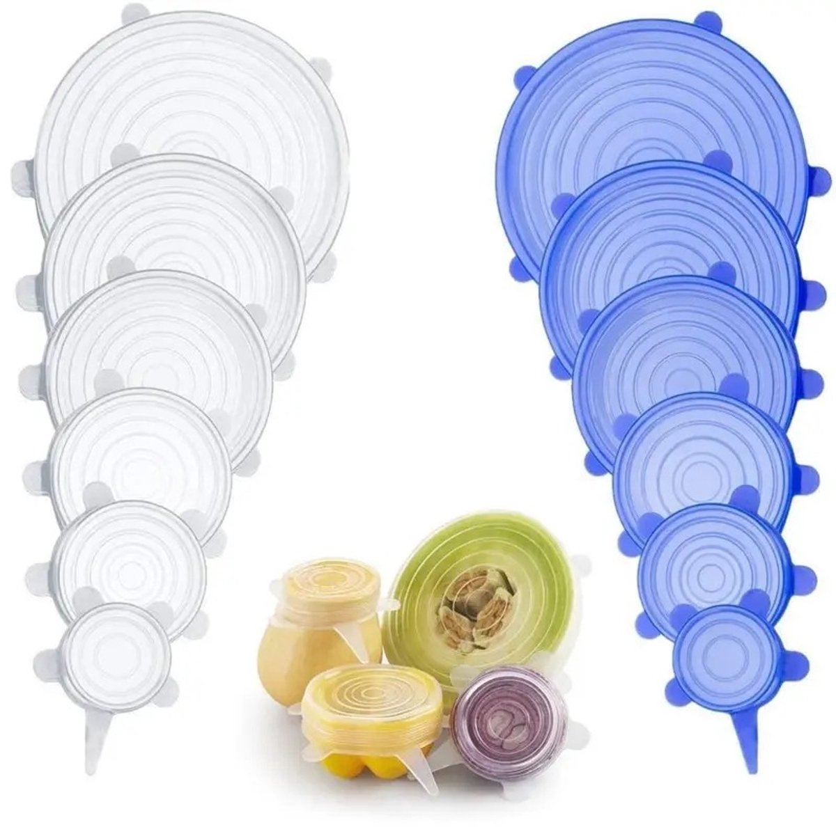 Elastische siliconen deksel - Herbruikbare deksel voor voedselbewaring - Siliconen komdeksel - Past op de meeste bakvormen - Blauw + wit - 12 stuks