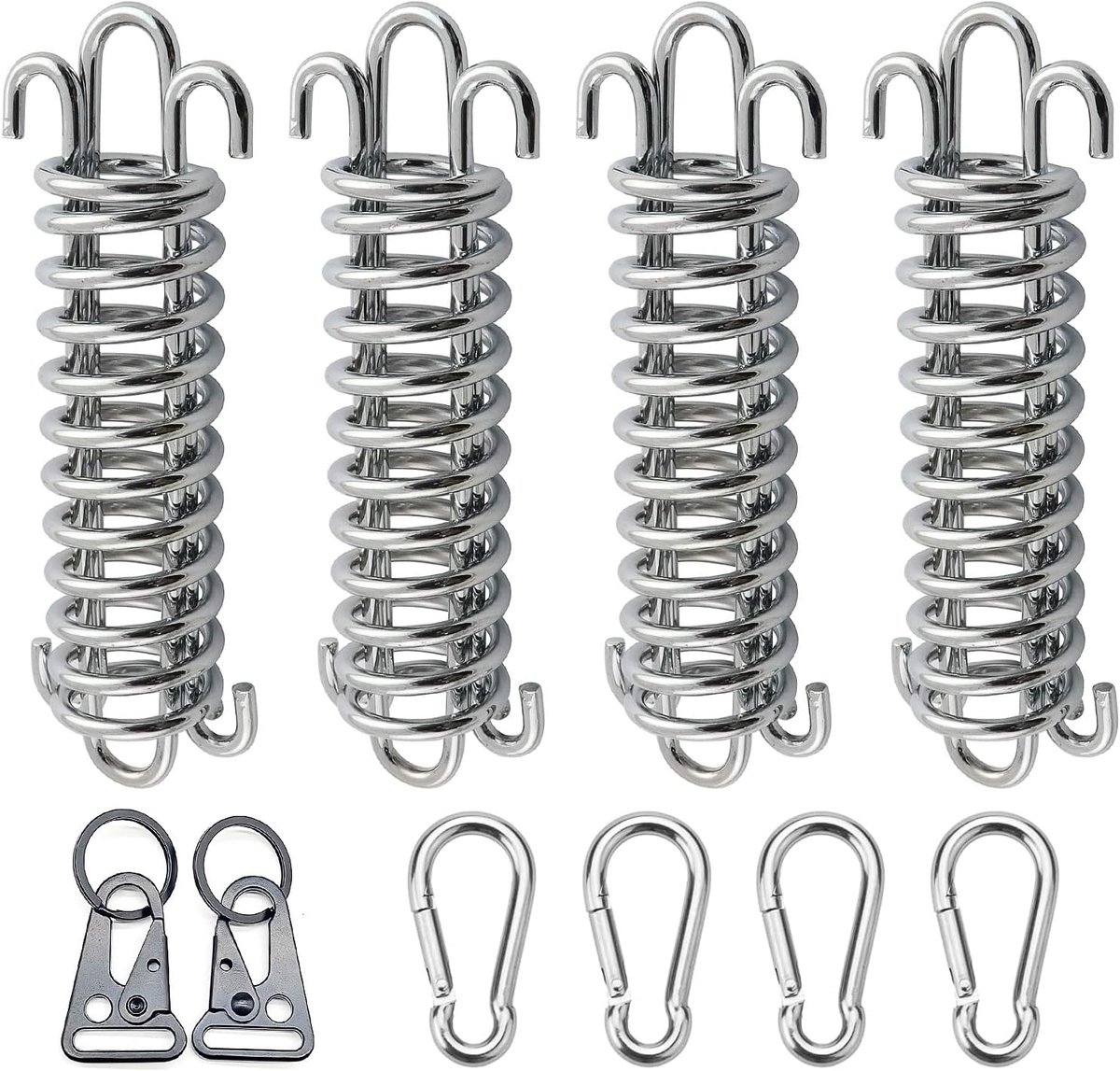SnelShoppen - Pull Spring Tension Spring Rvs - 4 Stuks Pull Spring met 4 Carabiners + 2 Carabiner Sleutelhangers voor Camping Tent, Canopy en Strandge