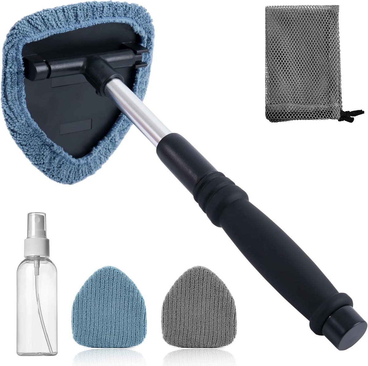 SnelShoppen - Swivel Glasreinigingsgereedschap met Uitschuifbare Aluminium Handgreep, 3 Premium Microfiber Covers, Sprayfles en Draagtas voor Effectie