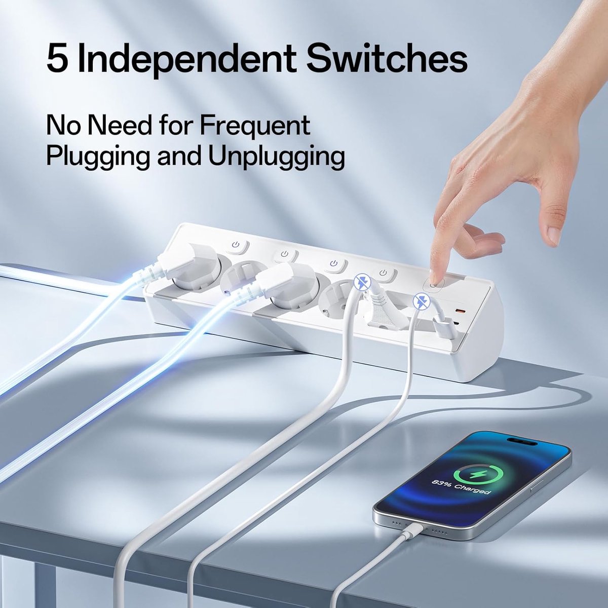 SnelShoppen - Kemelo 6-voudige Stekkerdoos met 3 USB PD 30W, Meervoudig Stopcontact met Schakelaar, 9-in-1 Tafelstopcontact, Overspanningsbeveiliging,