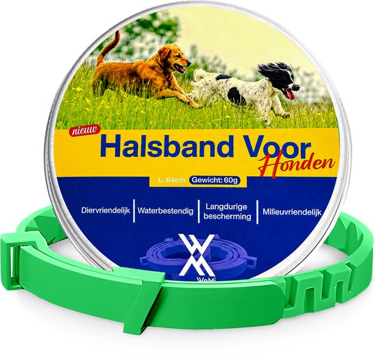 Groene halsband voor honden, met op de verpakking twee rennende honden.