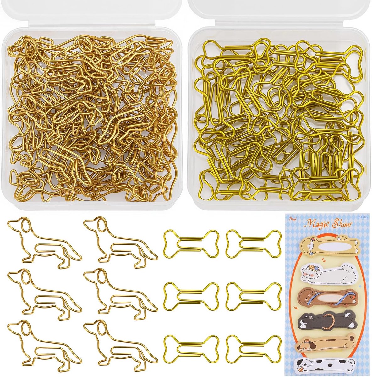 SnelShoppen - 80-delige Teckel Paperclips Set - 40 Gouden Teckels + 40 Gouden Botjes met Hond Plaknotities - Schattige Decoratieve Paperclips voor Scr