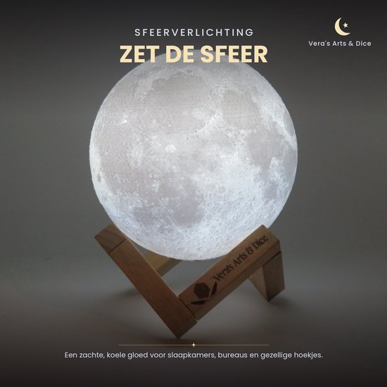 Maan Lamp - Vera's Arts & Dice - 16 Verschillende Kleuren - Planeet Lampen - Moon Lamp - LED Lamp - Oplaadbaar Dimbaar Stroboscoop Effect Afstandsbediening - 3D Print Handmade - Lampen Sfeerverlichting - Slaapkamer Woonkamer Kinderkamer van Vera's Arts & Dice — afbeelding 5