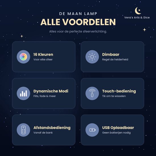 Maan Lamp - Vera's Arts & Dice - 16 Verschillende Kleuren - Planeet Lampen - Moon Lamp - LED Lamp - Oplaadbaar Dimbaar Stroboscoop Effect Afstandsbediening - 3D Print Handmade - Lampen Sfeerverlichting - Slaapkamer Woonkamer Kinderkamer van Vera's Arts & Dice — afbeelding 2