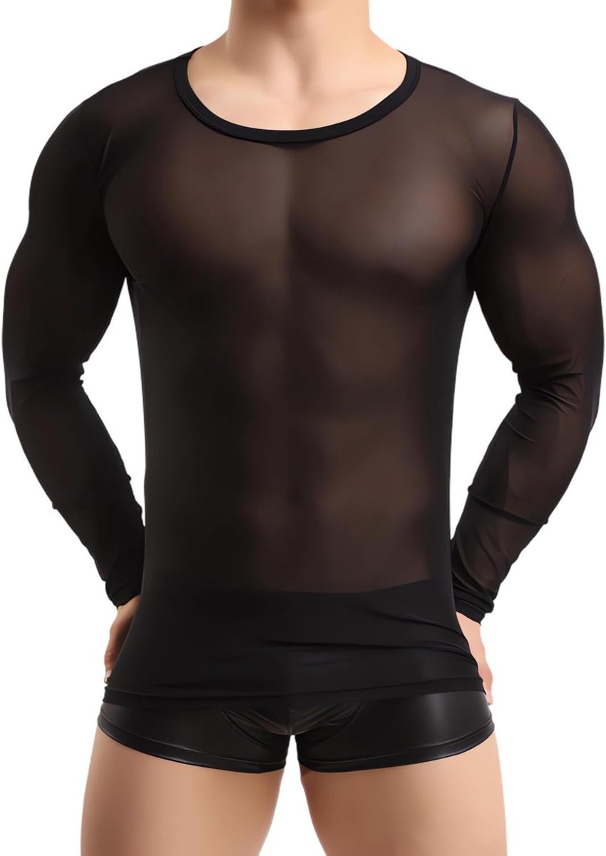Stijlvolle lange mouw tops voor mannen, sexy transparante mesh onderhemd, perfect voor gym, training en uitgaan