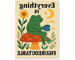 Whimsische Kikker Wanddecoratie met Koffie en Paddestoel Poster voor Slaapkamer en Kantoor, 30x40 cm Zonder Lijst, Unieke Wandkunst en Inspirerende Decoratie