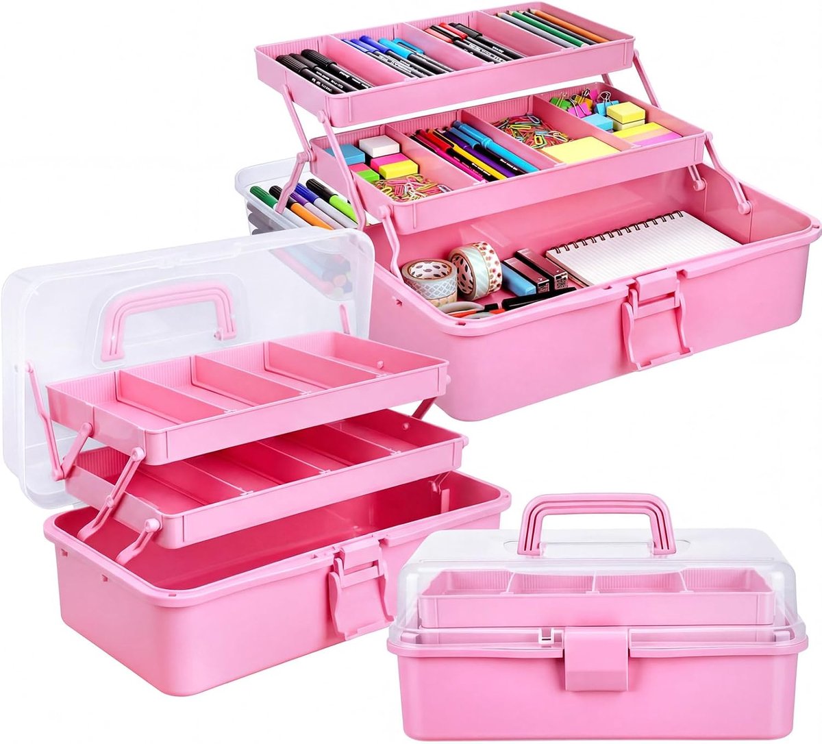 VHV - Opbergdoos - Hobby organizer - Sorteerdoos - Make-up organizer - 3-laags - Met handvat - Uitklapbaar - Voor knutselspullen, naaispullen en medicijnen - 33 x 18 x 14 cm - Roze