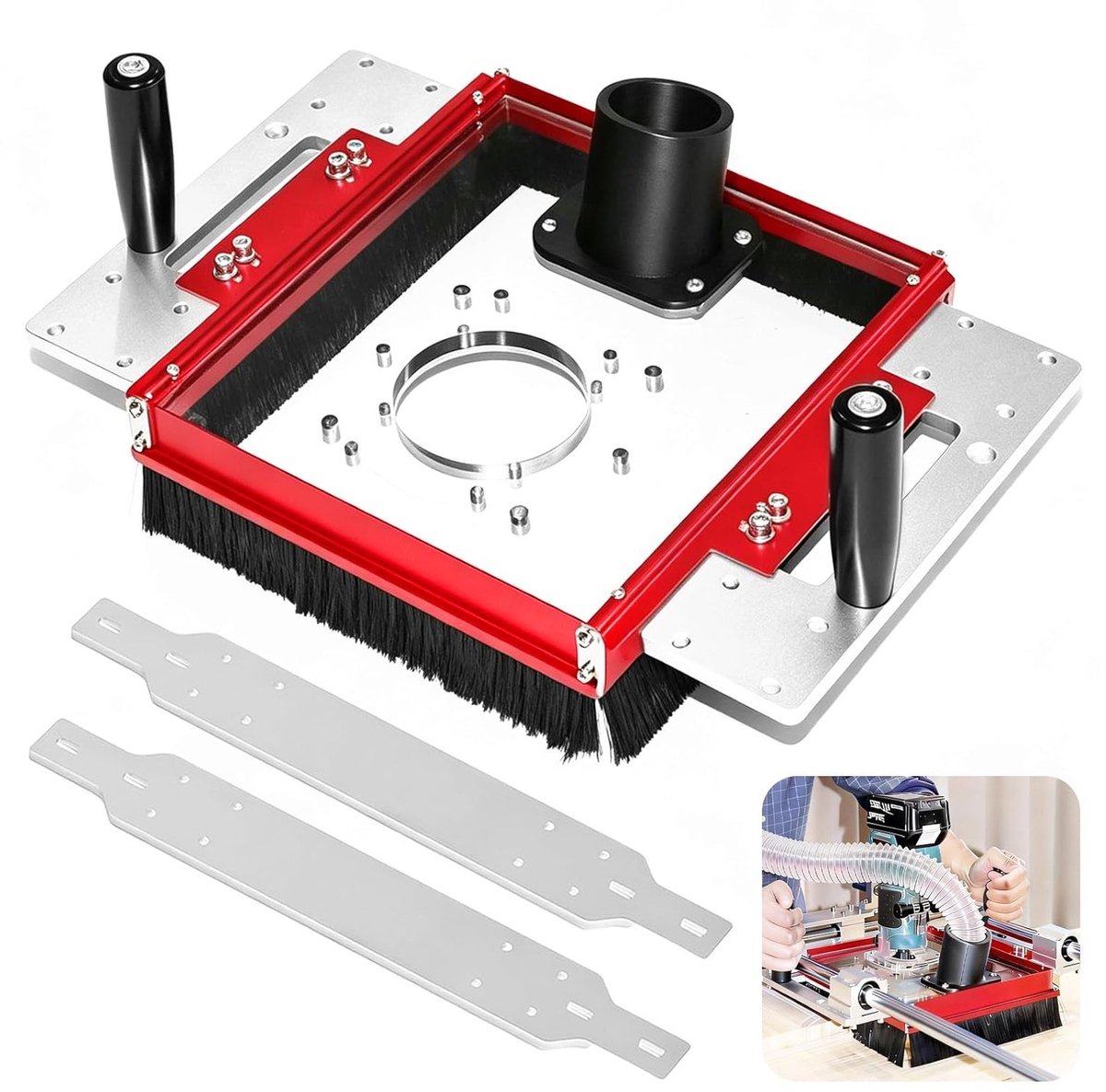 Stofafzuigsysteem voor lineaire rails met glij-adapterplaat, 2,5 inch stofaansluiting en voorgeboorde acrylplaat, ideaal voor bovenfrezen en houtbewerking