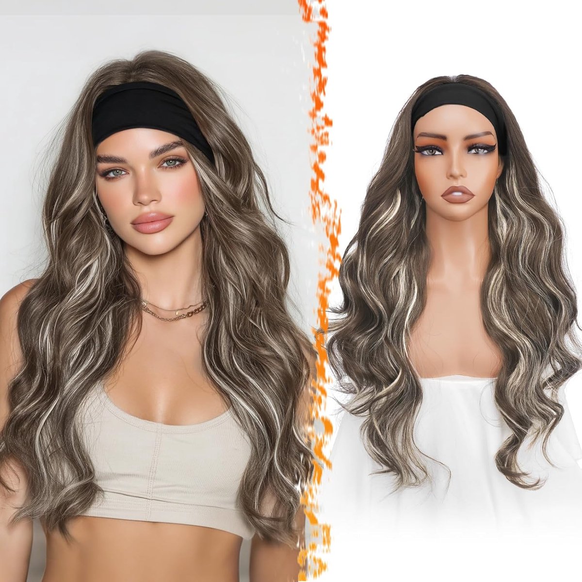 SnelShoppen - Body Wave Headband Wig 66cm, Lange Wavy Haarwig voor Vrouwen, Lichtgewicht Ash Brown met Blonde Highlights, Gemakkelijk in Gebruik voor