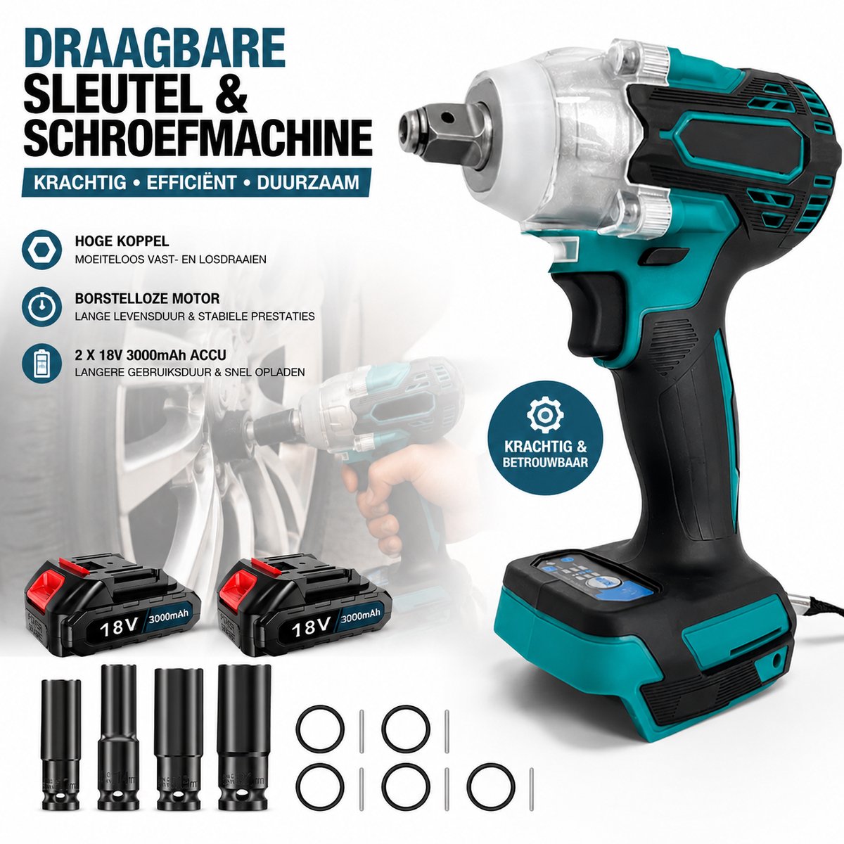 18V Draadloze Slagmoersleutel Set met 2x 3,0Ah Accu, 4 Dopsleutels & EU Oplader – Voor Autobanden, Garage en Bouwklussen
