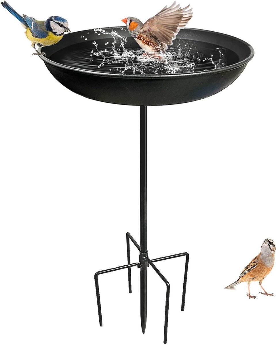 Winterbestendige vogelbad voor de tuin, groot formaat met 5 grondspikes, metalen waterkom voor vogels, ideaal als vogelvoederstation voor balkon of terras