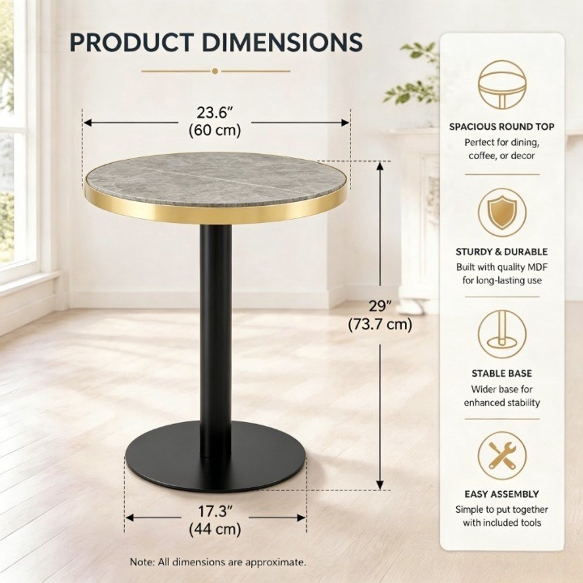MODENUIT Bijzettafel - Rond Met Marmerlook En Gouden Rand - Voor Woonkamer Of Balkon - Grijs - 60 x 73,7 Cm
