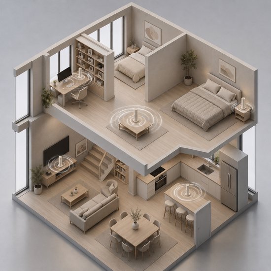 Isometrische weergave van een modern, licht interieur met twee verdiepingen, waarin de aroma diffuser in verschillende kamers geplaatst is.