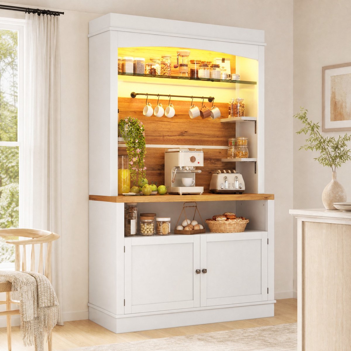 HAUSS SPOLE Keukenkast - Hoge Opbergkast Met Ledverlichting En Glazen Legplank - Voor Keuken En Eethoek - MDF En Metaal - 107x34x184 Cm - Wit