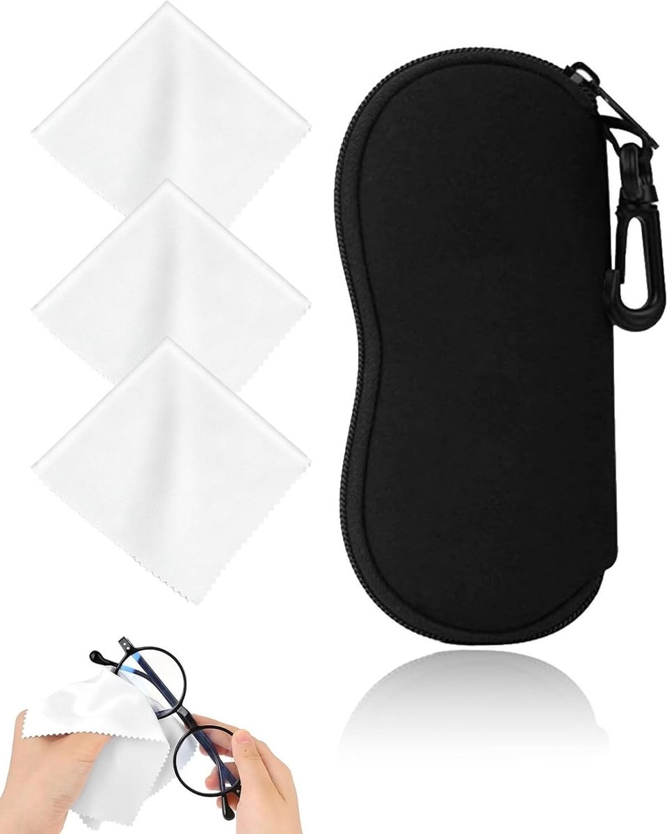 Brillenkoker neopreen - zachte etui voor brillen - met karabijnhaak - inclusief 3 brillendoekjes - ShopVlot