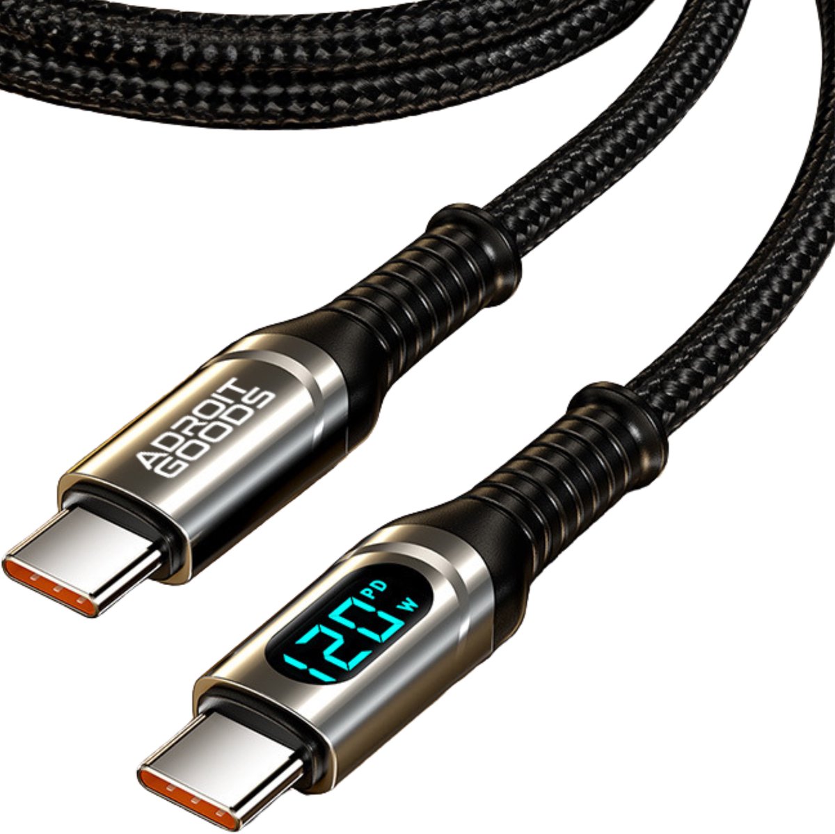 AdroitGoods USB-C naar USB-C Kabel 120W Snellader met Display PD Fast Charge 20Gbps Data Nylon Gevlochten 4K Video Kabel - Zwart 2 m