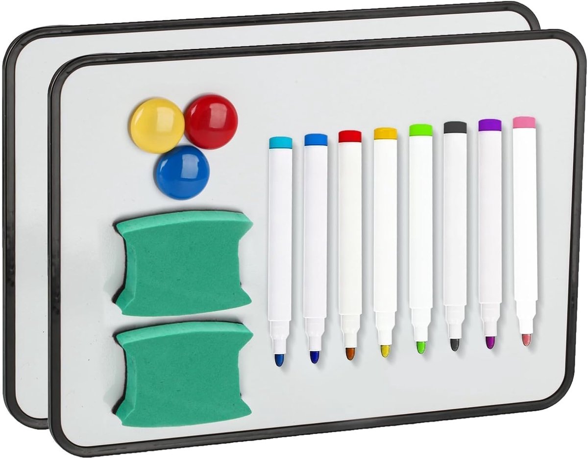 SnelShoppen - Whiteboard Magnetisch Wand, Dubbelzijdig A3 Formaat, Droog afwasbaar, 42 x 30 cm, 2-pack met Stiften, Gum en Magneten voor Thuis, Kantoo