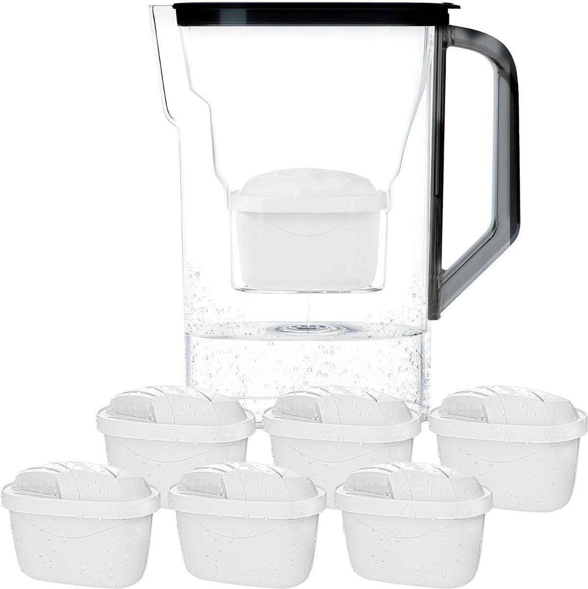 SnelShoppen - Waterfilterkan voor Koelkastdeur 2,7L met 6 Filters - Actieve Kool, Vermindert Chloor en Zware Metalen, BPA-vrij, Zwart - Ideaal voor Th