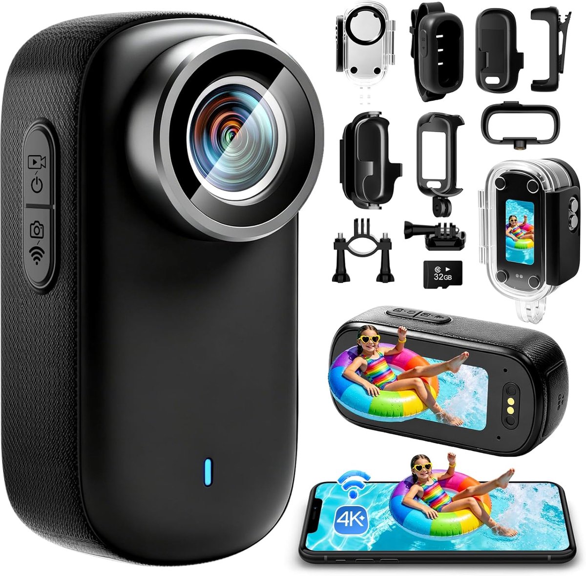 SnelShoppen - Action Cam 4K Mini Bodycam, Wifi, 150° Groothoek, 32 GB, Waterdichte Actiecamera met Display voor Fiets, Motor, Vlog, Outdoor