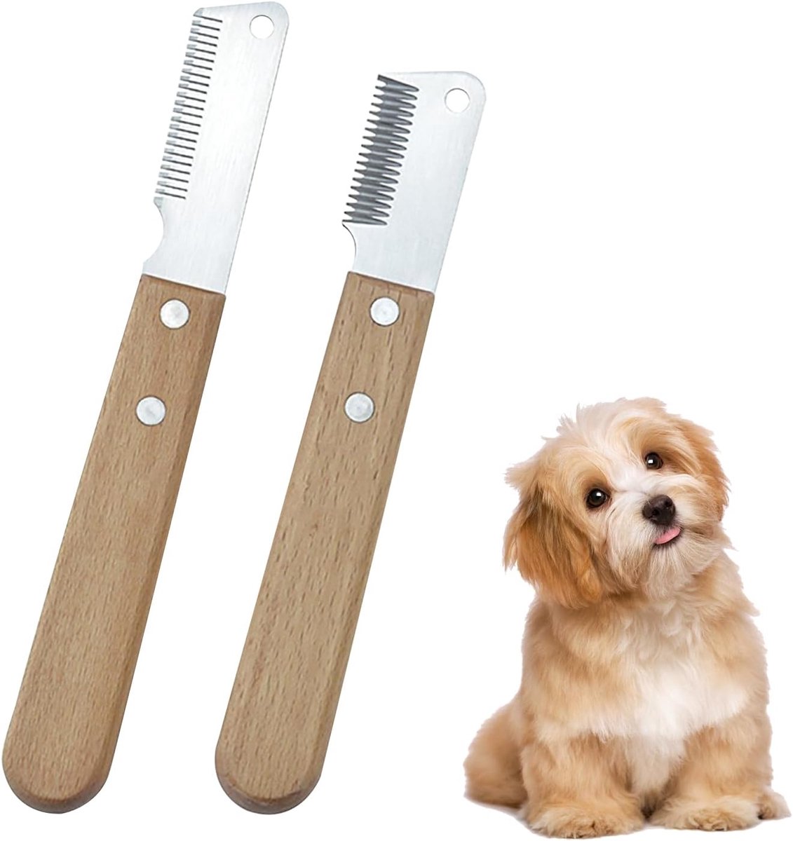 SnelShoppen - 2 Stuks Stripping Messenset voor Honden, Professionele Verzorgingstools met Fijne en Grove Tanden, Ergonomische Houten Handgrepen, Dierv