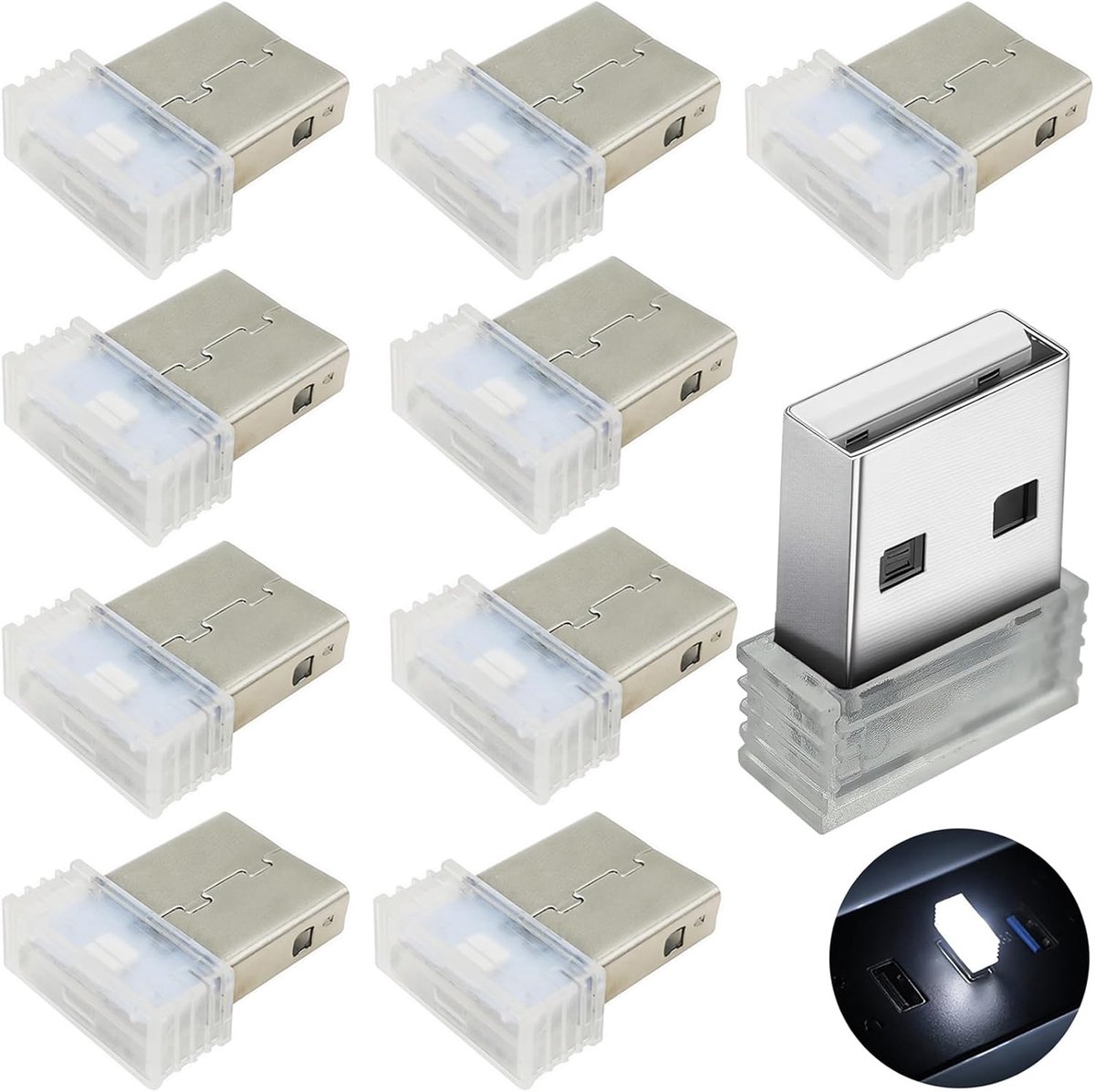 SnelShoppen - Car Atmosphere LED Licht - Mini Draagbare USB Auto Verlichting - 10 Stuks Witte Sfeer Lampjes voor Nachtrijden en Camping