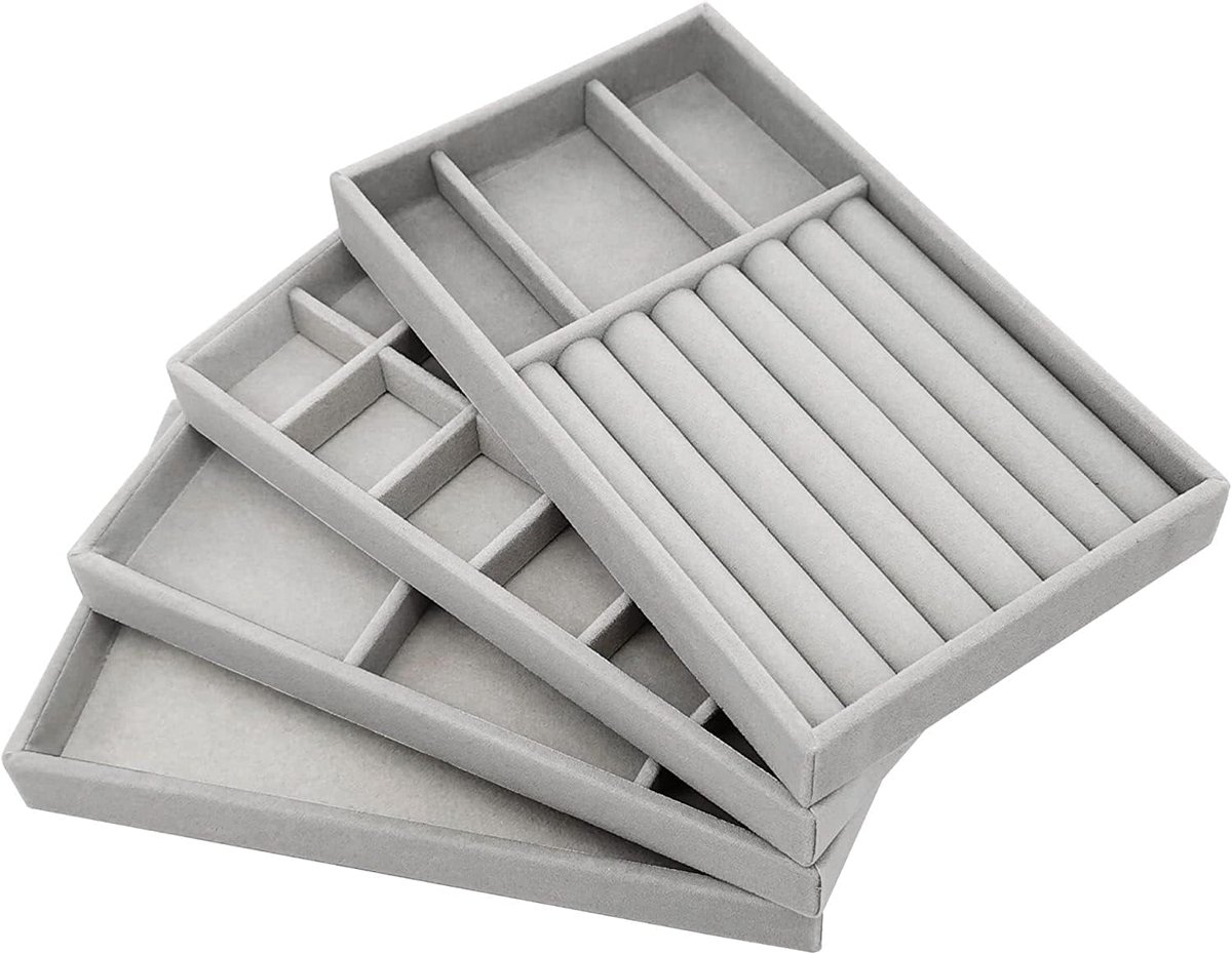 SnelShoppen - Set van 4 Sieraden Dozen, Stapelbare Sieraden Organizer, Sieraden Opbergdoos voor Oorbellen, Halskettingen, Ringen (Grijs, Hoogwaardige