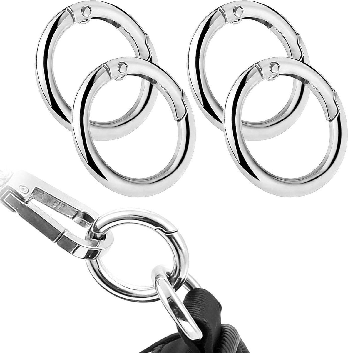 Set van 4 Ronde Carabiner Ringen van Zinklegering met Veeropening voor Sleutelhanger, Rugzak en Handtas - 25mm Zilver, Perfect voor DIY Creaties en Accessoires