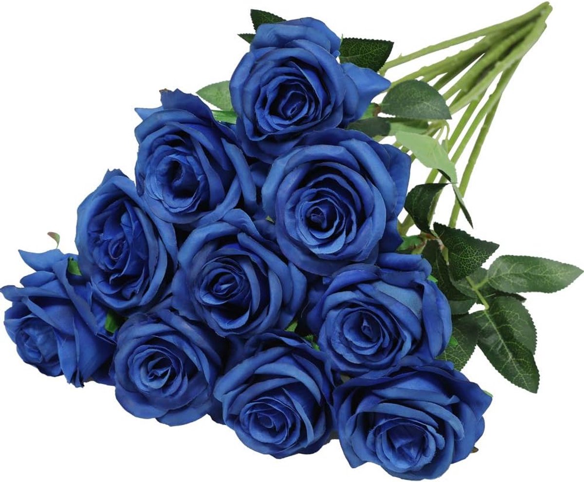SnelShoppen - Kunstzijde Rozen Bloemen - 10 Stuks Lifelike Kunstbloemen - Blauwe Silken Rozen voor Bruiloft, Feest, Thuisdecoratie en Bloemstukken - 4