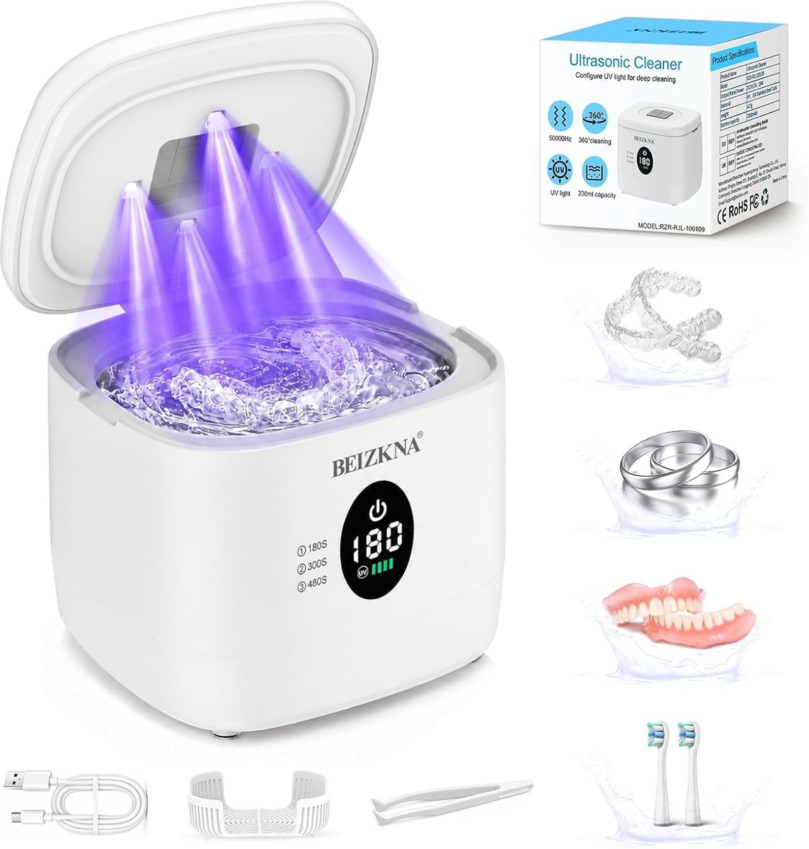SnelShoppen - Ultrasoon Reinigingsapparaat 45.000 Hz, 200 ml, 4 Modi, Dieptereiniging voor Tandprothesen, Aligners, Tandenborstelkoppen, Juwelen, Thui