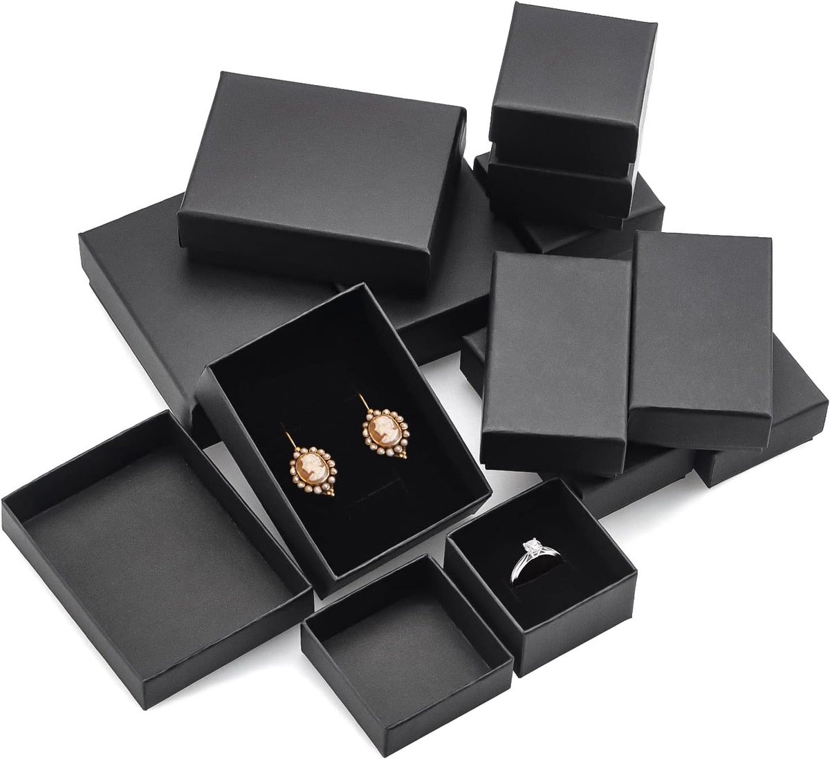 SnelShoppen - 12 Stuks Cadeauboxen voor Sieraden - Zwarte Cardboard Dozen voor Oorbellen, Kettingen, Armbanden en Ringen - Diverse Maten met Zachte Ve