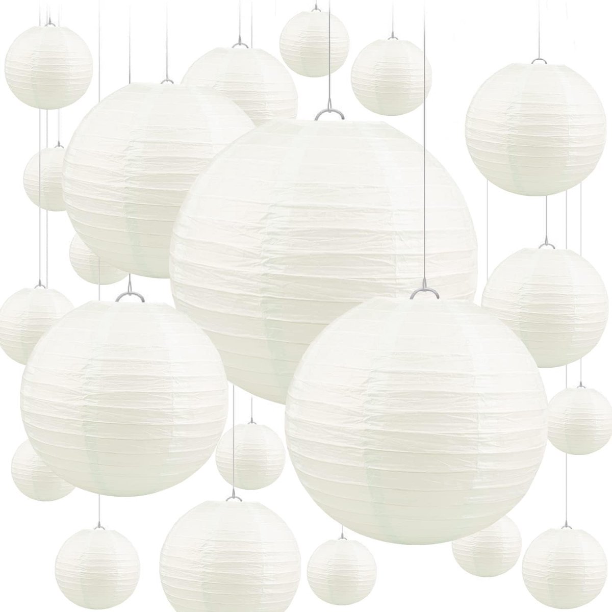 SnelShoppen - Paper Lantern Set 20 Stuks - Witte Papieren Lantaarns met Draad voor Decoratie - Diverse Maten 15-30 cm - Perfect voor Bruiloften, Feest
