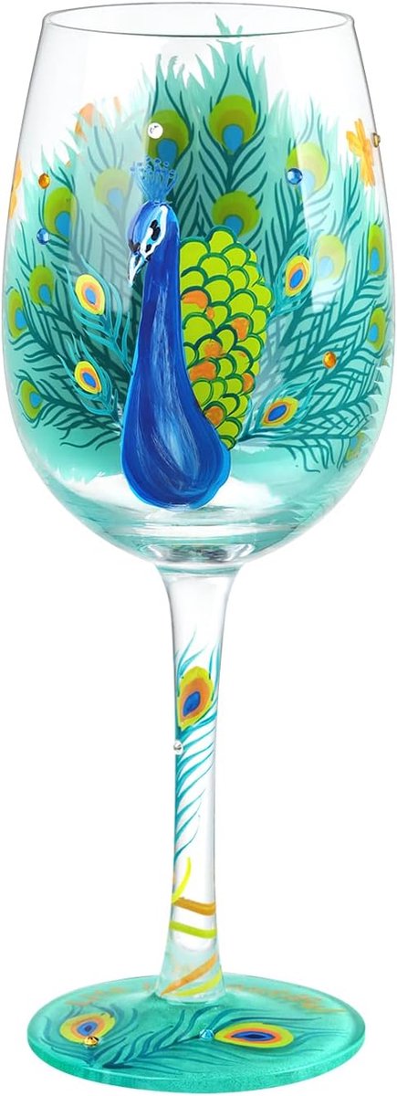 SnelShoppen - Kleurrijke 15oz Handgeschilderde Wijnglazen met Pauw Motief - Persoonlijk Cadeau voor Vrouwen - Perfect voor Feesten en Verjaardagen