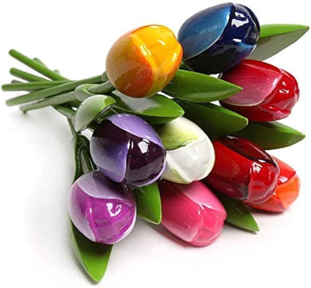 SnelShoppen - Houten Tulpen Boeket - 9 Handgeschilderde Kunstbloemen - 34cm - Multikleurige Houten Decoratie voor Huis, Cadeau en Feesten