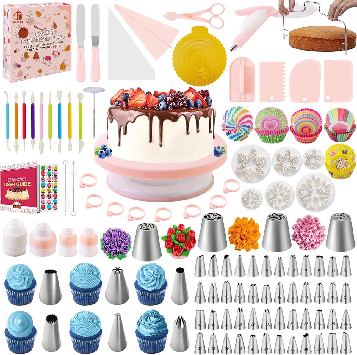 SnelShoppen - 301-delige Bakset voor Taarten, Bakaccessoires, Cakeplateau, Spuitzakken, Cupcakevormpjes, Decoratie Gereedschap voor Feestjes en Keuken