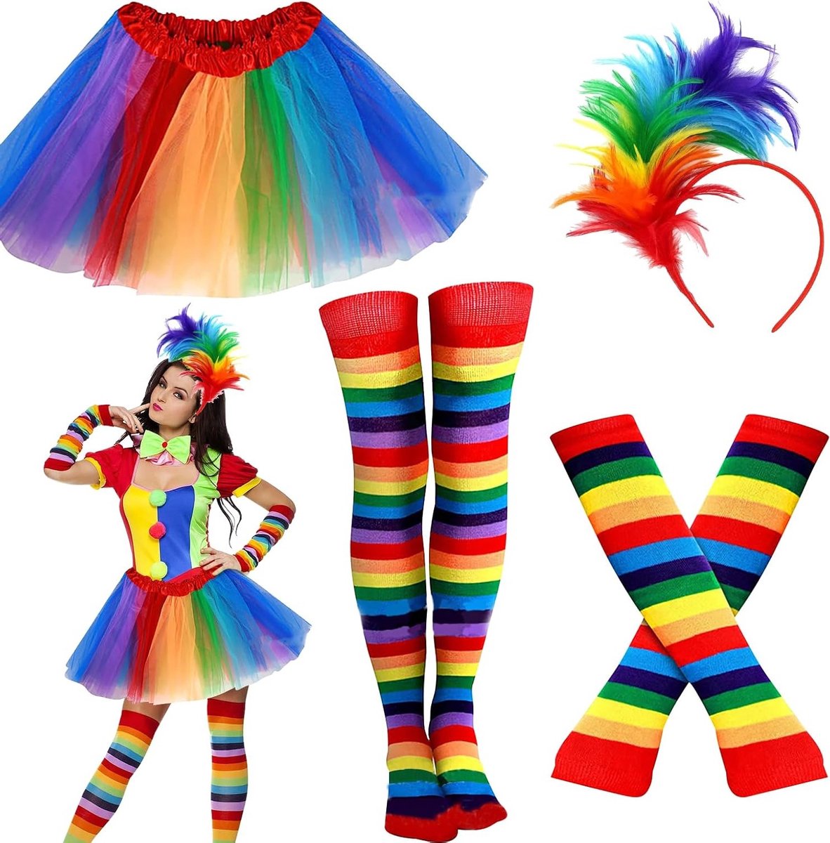 Kleurrijk 80s Carnaval Kostuum voor Dames met Neon Accessoires, Regenboog Tulle Rok, Handschoenen, Sokken en Haaraccessoires voor Halloween en Feestjes