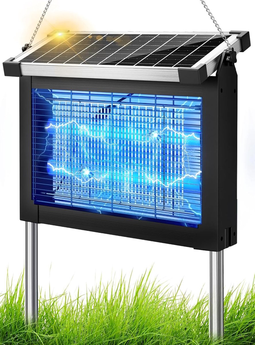 Thijox - Zonne-energie Insectenverdelger 4500 V, USB Oplaadbare Muggenlamp voor Buiten, IPX5, Schemeringssensor, 4000 mAh Accu, Terras, Balkon, Tuin,