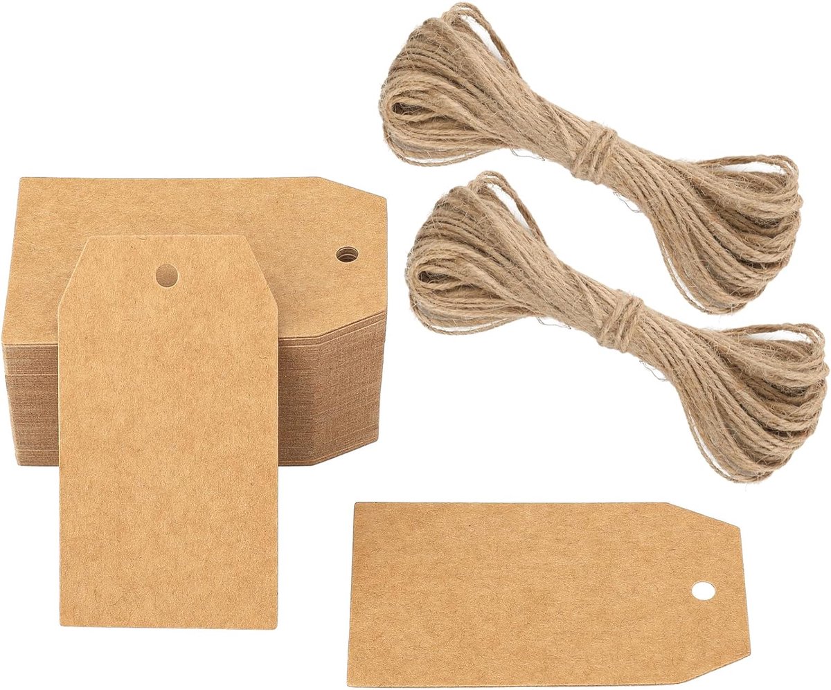 SnelShoppen - 100 stuks Kraft Papieren Labels Tags 4CM x 7CM met Jute Koord 20m - Bruin voor Feestjes, Knutselprojecten en Cadeaus