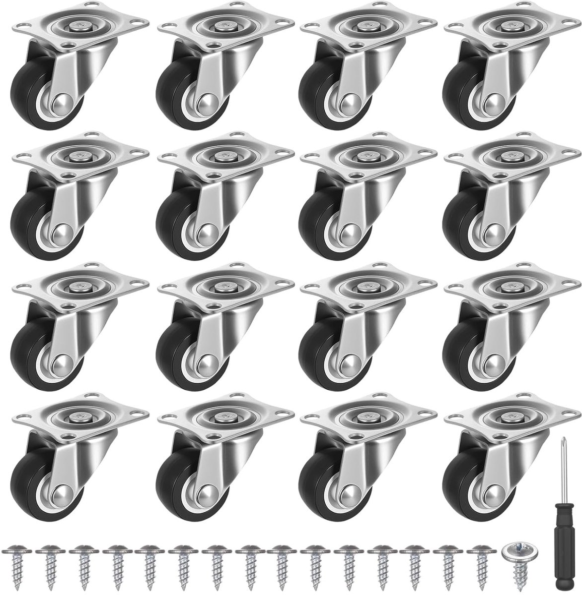 SnelShoppen - 16 Stuks Mini Casters voor Meubels, Zware Duurzame Rubber Wielen, 360 Graden Draaiende Meubelwielen, Ideaal voor Tafels, Kasten en Meube