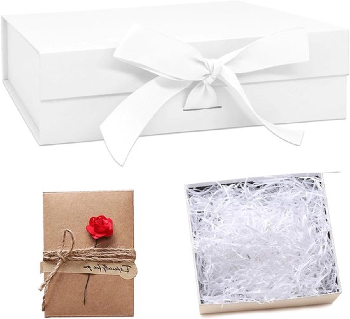 Geschenkdoos met deksel en lint voor bruiloft, verjaardag, Kerstmis - wit rattan patroon - met wenskaarten - jubileumcadeau - inclusief vulmateriaal.