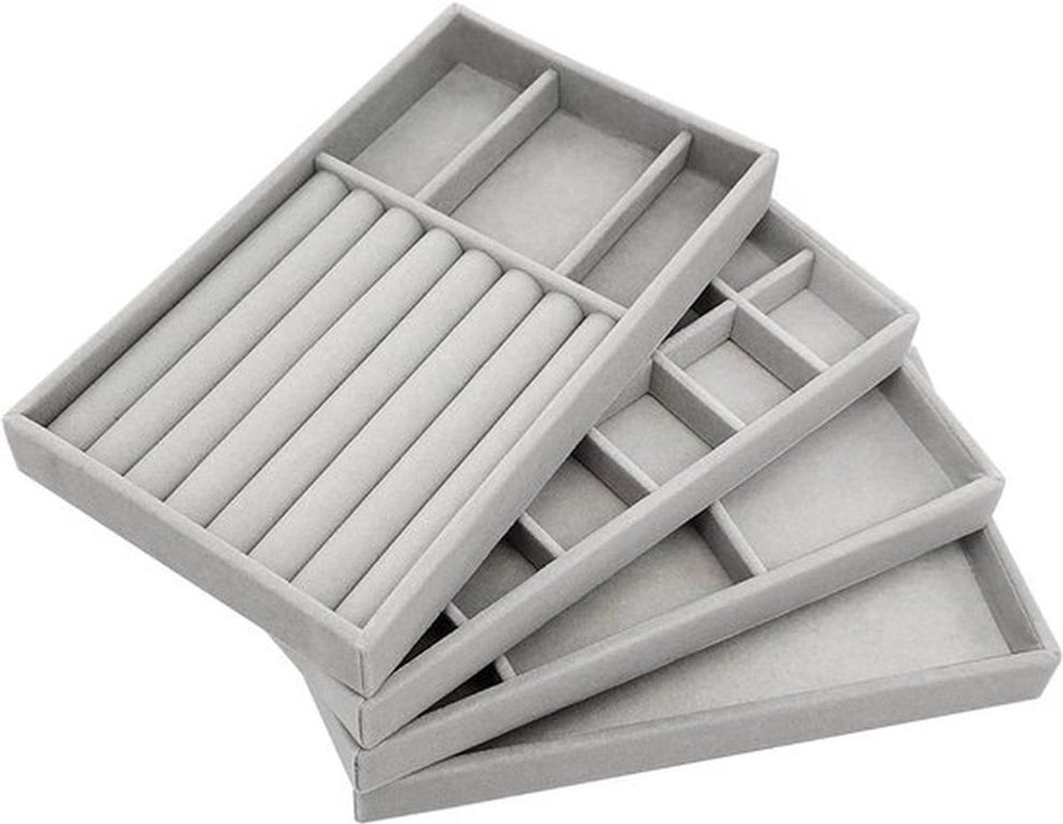 Sieradendienblad set voor opslag en tentoonstelling van oorbellen, halskettingen en ringen - 4-delige stapelbare sieradenorganizer - grijs design